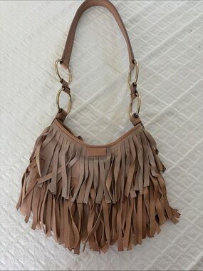 Yves Saint Laurent Taupe Fringe Shoulder Bag with Gold Rings